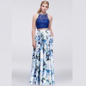 Sequin lace top & floral skirt two-piece dress nwt